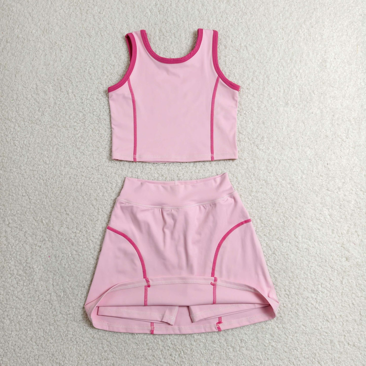 GSD2675 Girls Yoga Sets Pink Contrast Sleeveless Skirts 202606 RTS