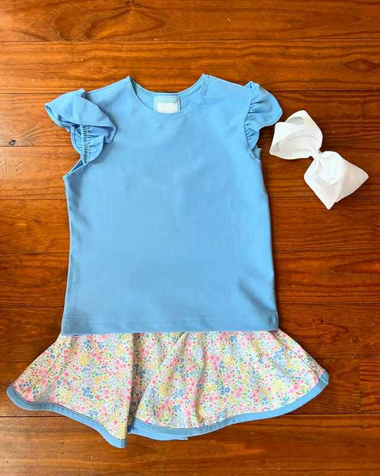 Preorder GSD2677 Girls Boutique Blue Short Sleeve Floral Skirts Sets 202506