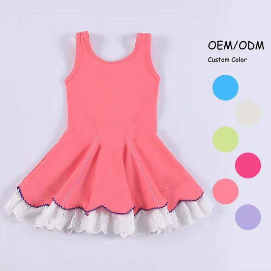Preorder GSD2683 Lace Ruffle Pure Pink Sleeveless Yoga Dress Girls Boutique Clothes 202506