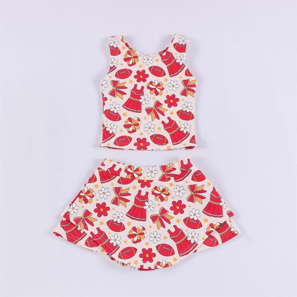 Preorder GSD2691 Girls Yoga Sets Flower Star Orange Red Sleeveless Skirts 202506