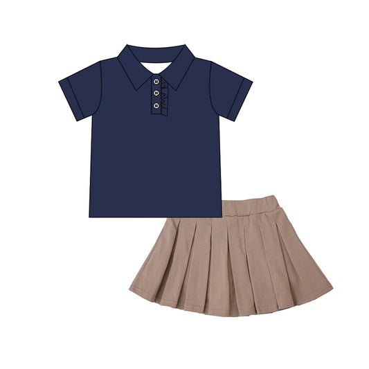 Preorder GSD2696 Girls Boutique Navy Blue Polo Short Sleeve Brown Pleated Skirts Sets 202506