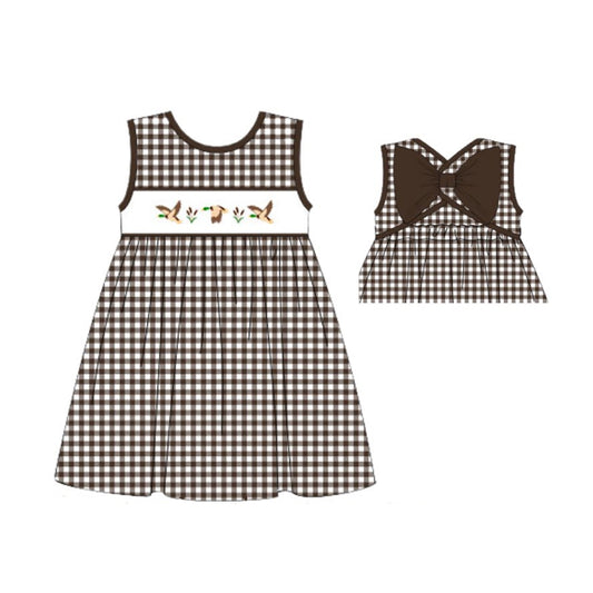 Preorder GSD2697 Duck Hunting Bow Brown Plaid Sleeveless Dresses for Girls Boutique 202506