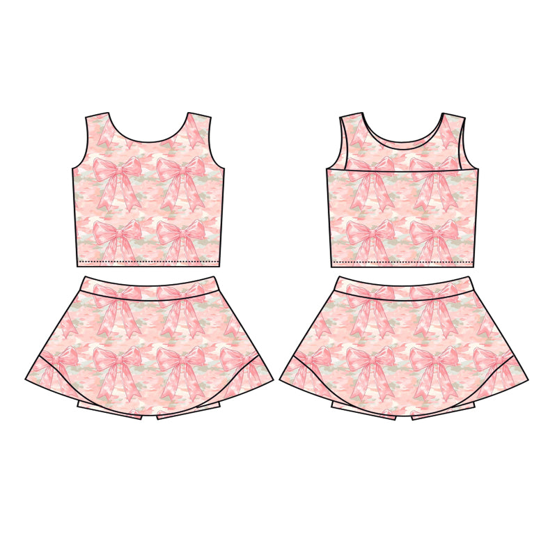 Preorder GSD2701 Girls Yoga Sets Orange Pink Bows Sleeveless Skirts 202506