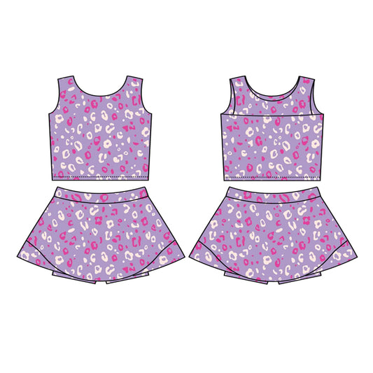 Preorder GSD2702 Girls Yoga Sets Purple Leopard Sleeveless Skirts 202506