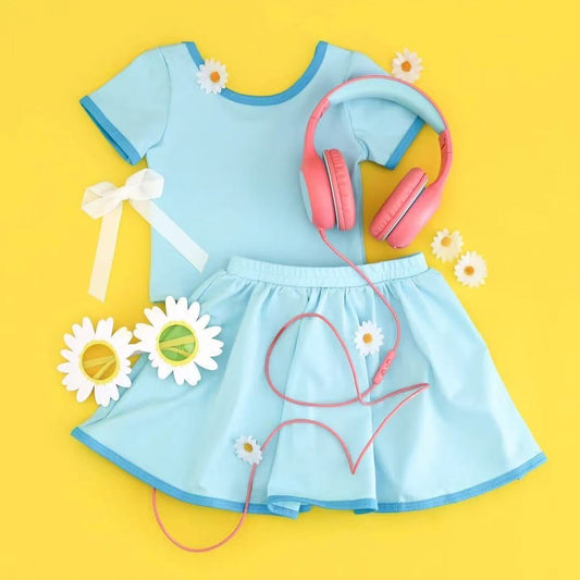 Preorder GSD2708 Girls Boutique Solid Blue Short Sleeve Skirt Yoga Set 202506