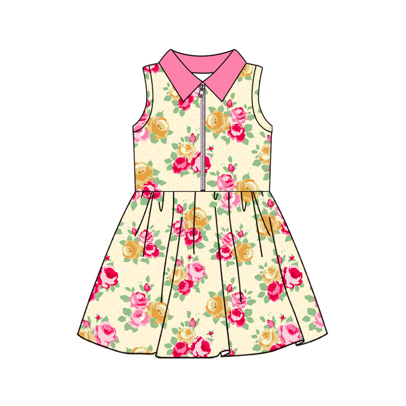 Preorder GSD2712 Girls Boutique Flower Pink Polo Beige Sleeveless Dress 202506