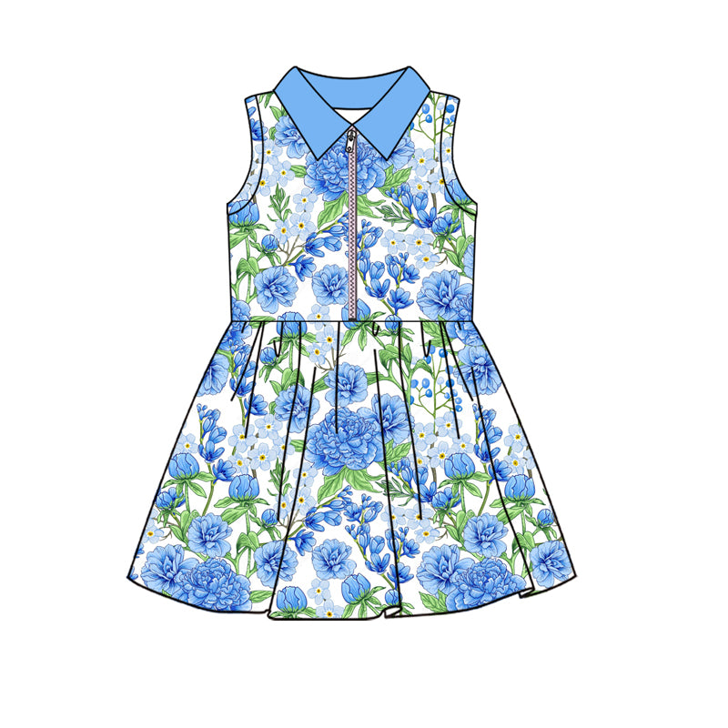 Preorder GSD2713 Girls Boutique Flower Blue Polo Sleeveless Dress 202506