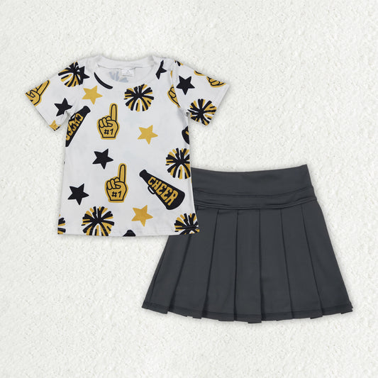 GSD2714 Girls Boutique 4th of July Short Sleeves Shirts Black Pleated Skirts Shorts Kids Yoga Set 202506 RTS