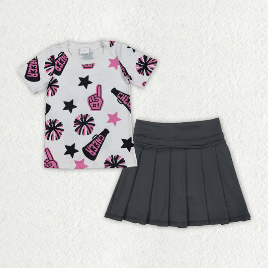 GSD2715 Sibling Matching Girls Boutique 4th of July Short Sleeves Shirts Black Pleated Skirts Shorts Kids Yoga Set 202506 RTS