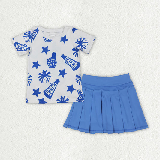 GSD2716 Sibling Matching Girls Boutique 4th of July Short Sleeves Shirts Sky Blue Pleated Skirts Shorts Kids Yoga Set 202506 RTS