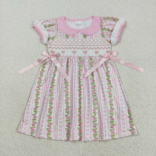 GSD2717 Girls Boutique Smocked Floral Pink Doll Collar Short Sleeve Dress 202508 RTS