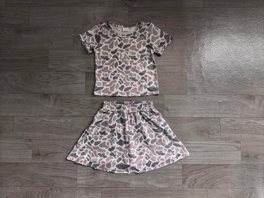 NO MOQ Preorder GSD2724 Baby Girls Gray Blue Camouflage Short Sleeve Skirts Sets 202606