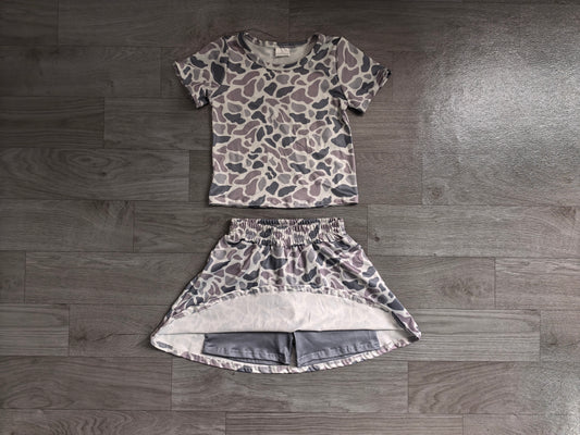 NO MOQ Preorder GSD2724 Baby Girls Gray Blue Camouflage Short Sleeve Skirts Sets 202606