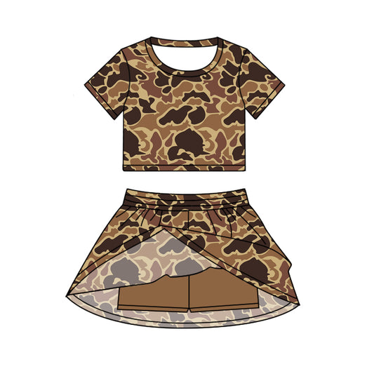 Preorder GSD2725 Baby Girls Yellow Brown Camouflage Short Sleeve Skirts Sets 202506