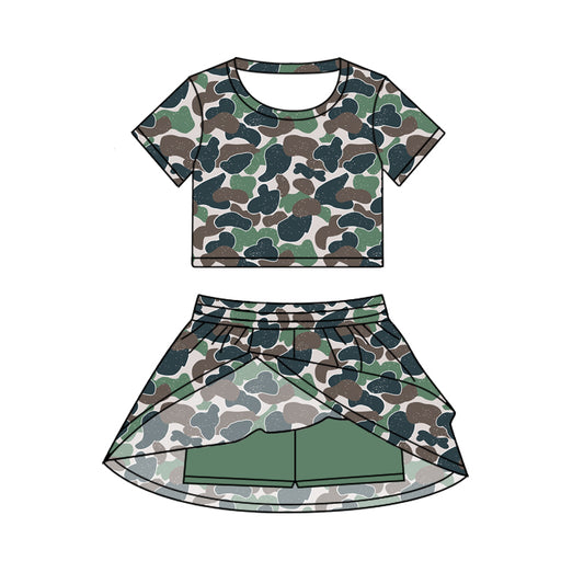 Preorder GSD2726 Baby Girls Dark Green Camouflage Short Sleeve Skirts Sets 202506