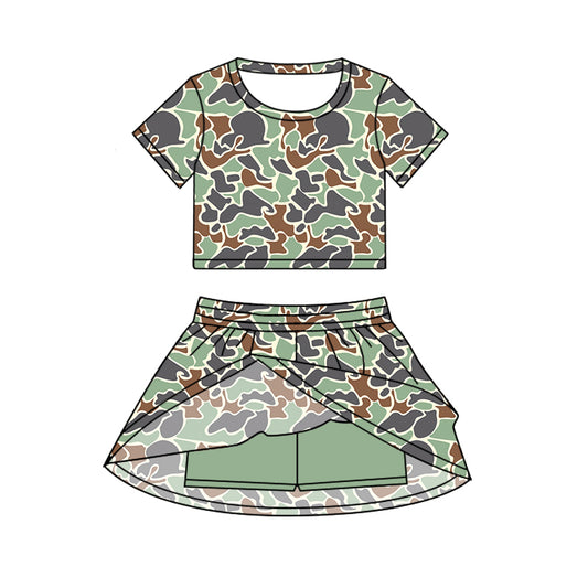 Preorder GSD2727 Baby Girls Green Camouflage Short Sleeve Skirts Sets 202506
