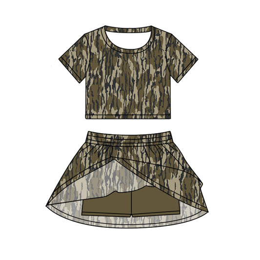 Preorder GSD2728 Baby Girls Army Green Camouflage Short Sleeve Skirts Sets 202506