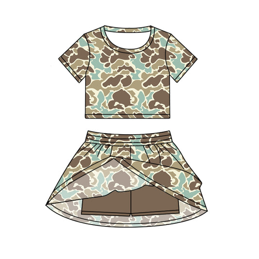 Preorder GSD2729 Baby Girls Brown Green Blue Camouflage Short Sleeve Skirts Sets 202506