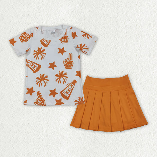 GSD2732 Sibling Matching Girls Boutique 4th of July Orange Short Sleeves Shirts Pleated Skirts Shorts Kids Yoga Set 202507 RTS