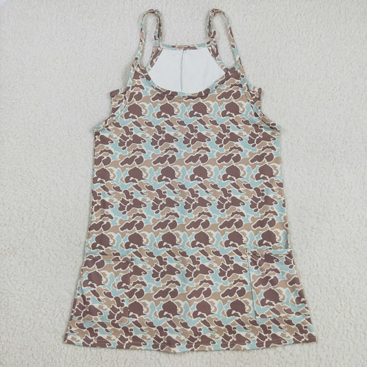 GSD2734 Adult Female Light Brown Green Camouflage Halter Yoga Dress 202508 RTS