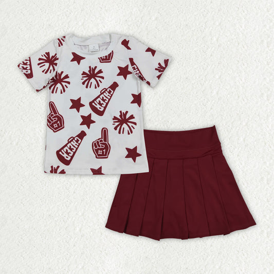 GSD2736 Matching Sibling Girls Boutique Cheer Fireworks Dark Red Short Sleeves Pleated Skirts Shorts Yoga Set 202507 RTS