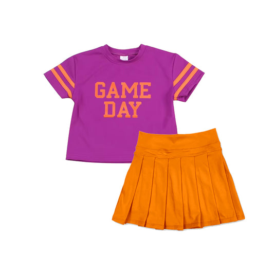 preorder GSD2739 Girls Boutique Game Day Stripe Purple Short Sleeves Orange Pleated Skirts Shorts Kids Yoga Set 202507