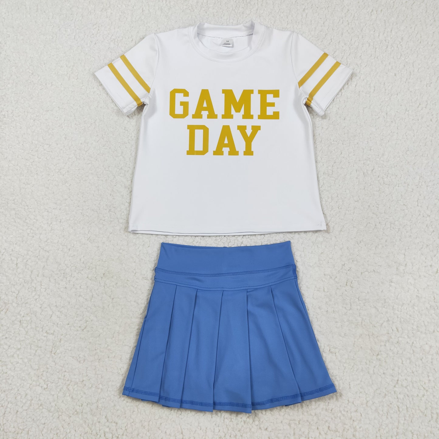 GSD2741 Offset Print Game Day Stripe White Yellow Short Sleeves Blue Pleated Skirts Shorts Girls Yoga Set 202508 RTS