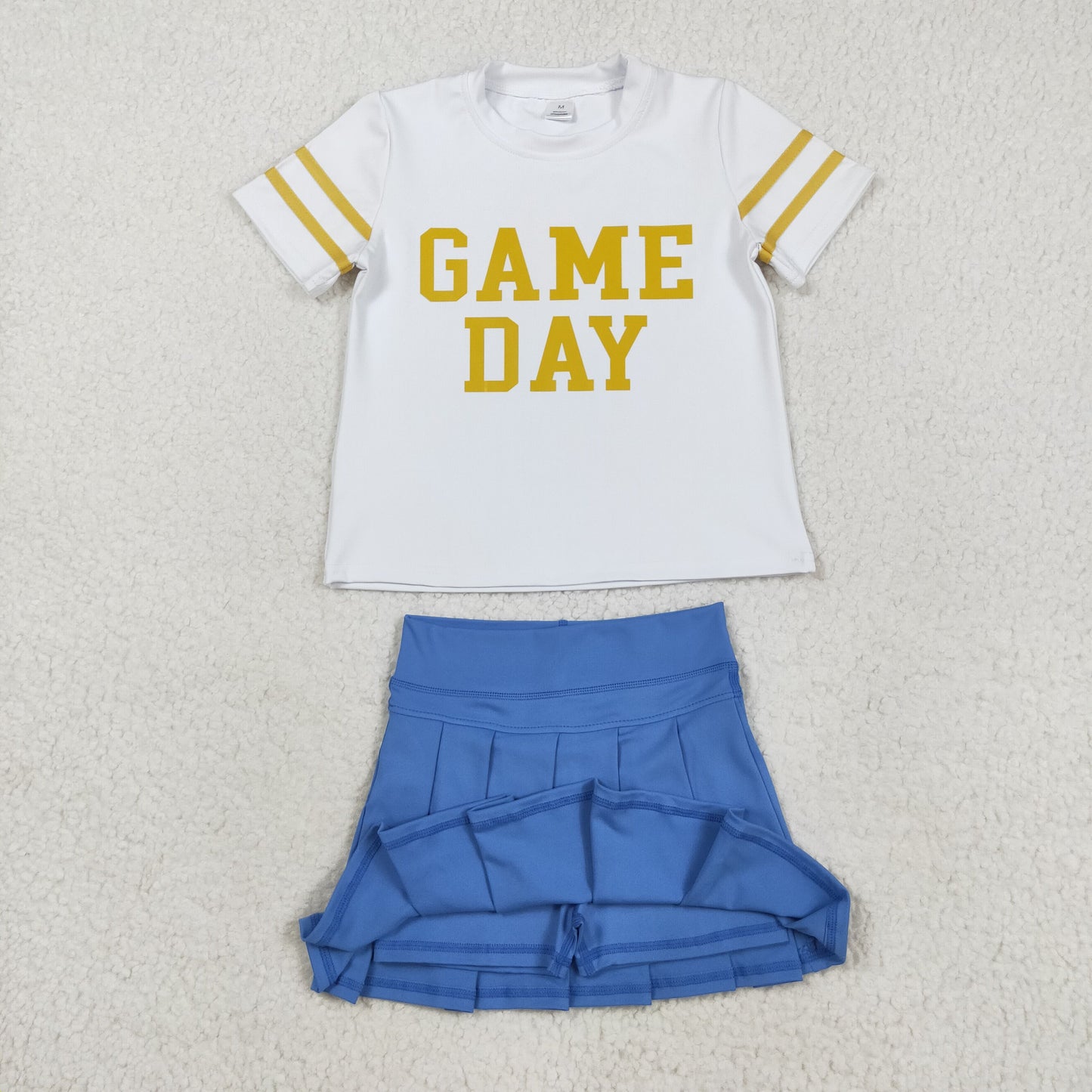 GSD2741 Offset Print Game Day Stripe White Yellow Short Sleeves Blue Pleated Skirts Shorts Girls Yoga Set 202508 RTS