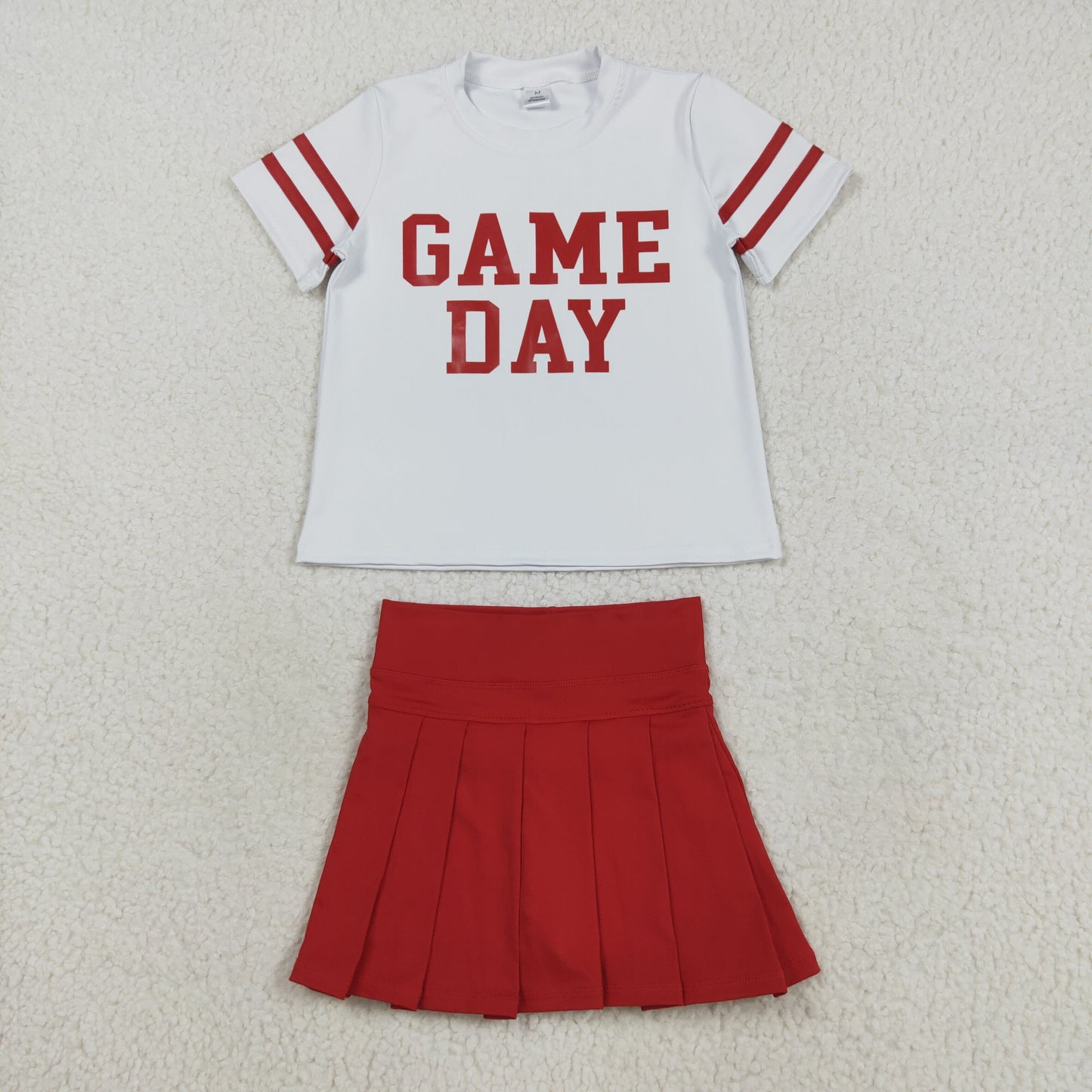 GSD2742 Girls Boutique Game Day Stripe White Red Short Sleeves Pleated Skirts Shorts Kids Yoga Set 202508 RTS