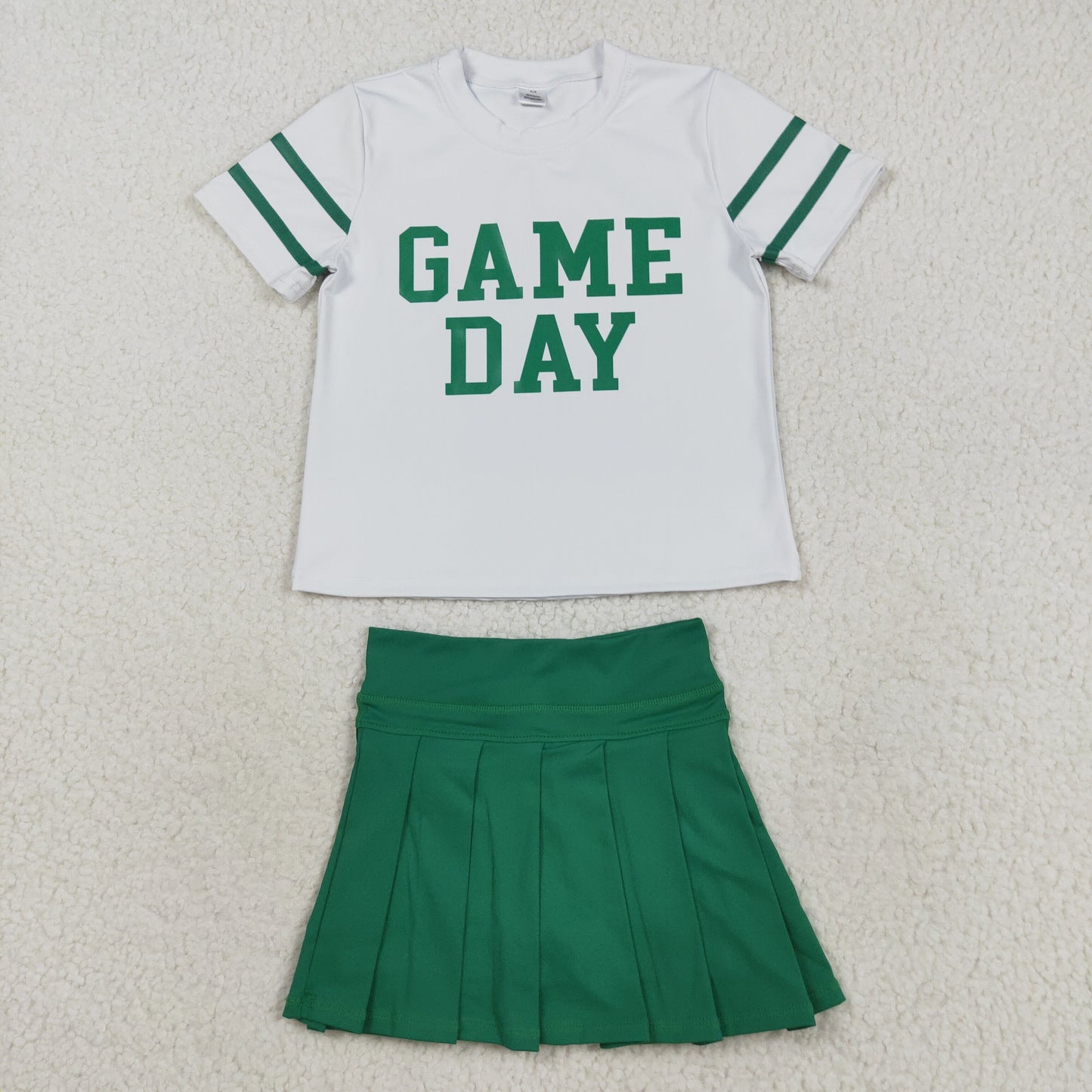 GSD2743 Offset Print Game Day Stripe White Green Short Sleeves Pleated Skirts Shorts Girls Yoga Set 202508 RTS