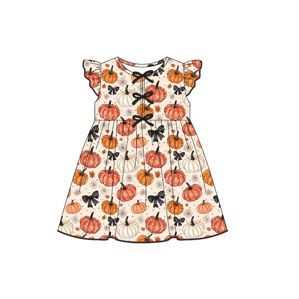 Preorder GSD2769 Pumpkin Flower Black Bows Flying Sleeve Girls Dress 202507