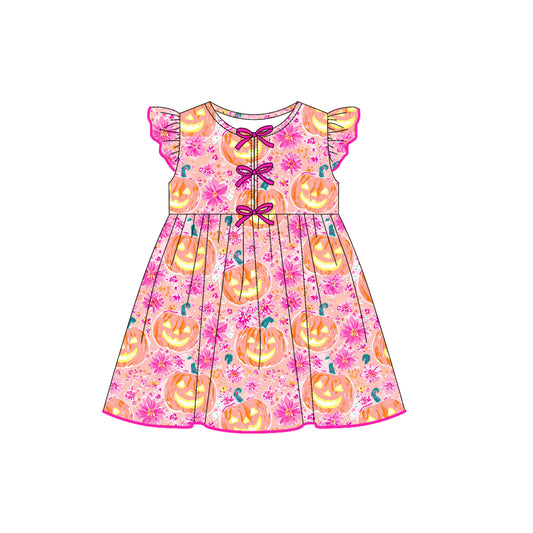 Preorder GSD2770 Halloween Pumpkin Flower Orange Pink Flying Sleeve Girls Dress 202507