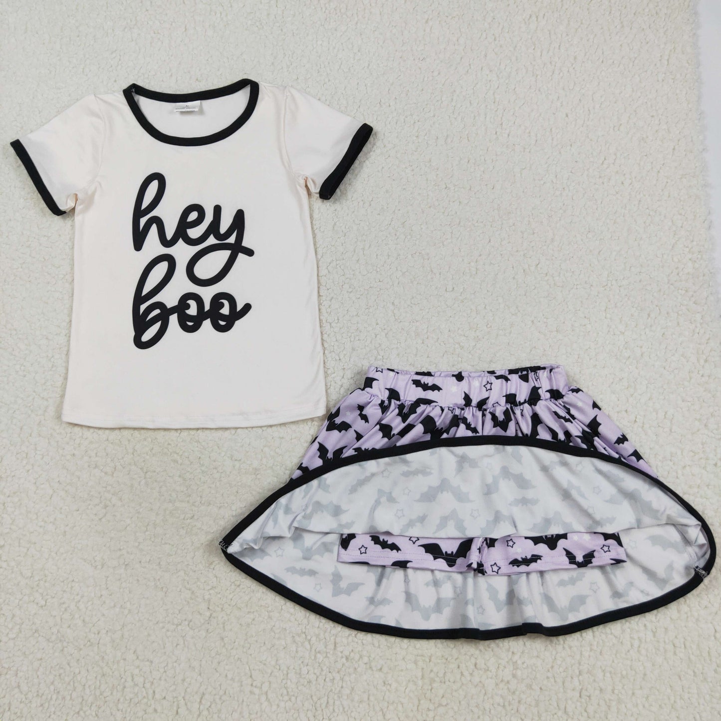 GSD2772 Hey Boo Halloween Short Sleeve Bats Pattern Skirts Girls Sets 202508 RTS