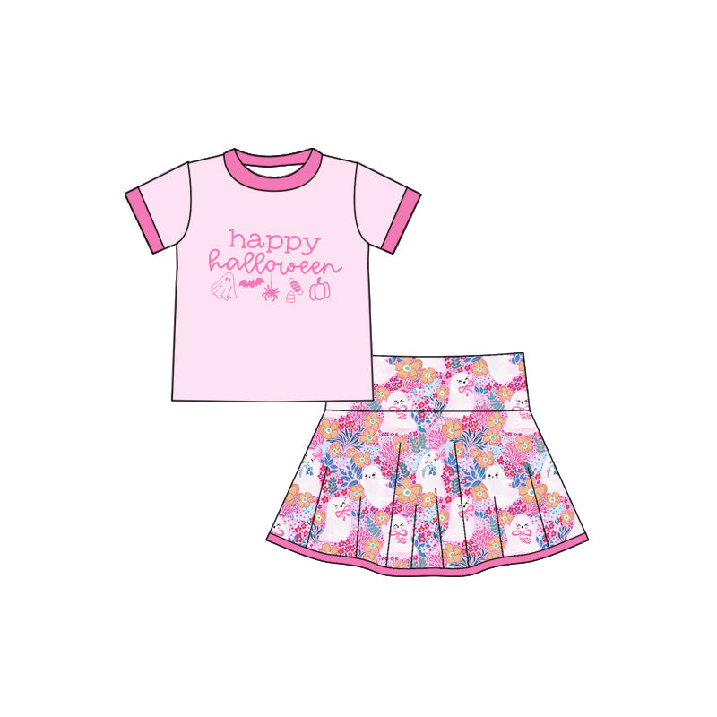 Preorder GSD2773 Happy Halloween Pink Short Sleeve Flower Print Skirts Girls Sets 202507