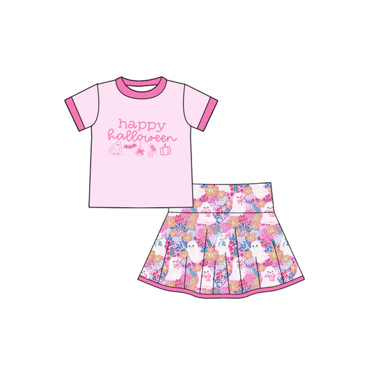 Preorder GSD2773 Happy Halloween Pink Short Sleeve Flower Print Skirts Girls Sets  202507