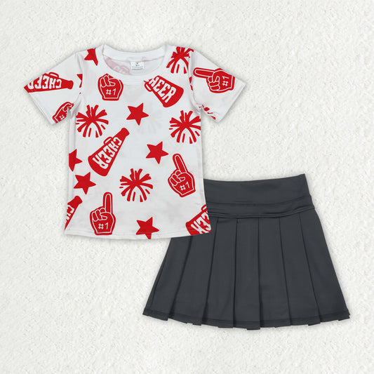 GSD2779 Matching Sibling Girls Boutique Cheer Fireworks Red Short Sleeves Black Pleated Skirts Shorts Yoga Set 202507 RTS