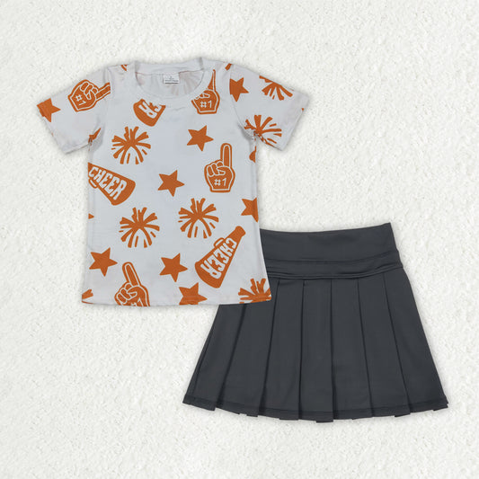 GSD2780 Matching Sibling Girls Boutique Cheer Fireworks Orange Short Sleeves Black Pleated Skirts Shorts Yoga Set 202507 RTS