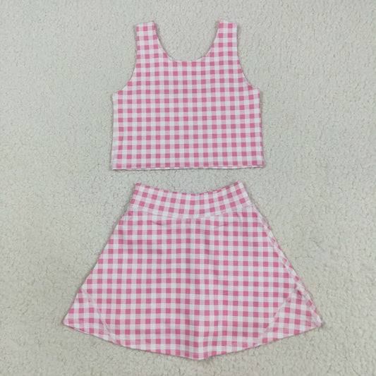 GSD0992 改为---GSD2786 NO MOQ Pink Plaid Sleeveless Skirts Shorts Sets 202508 RTS
