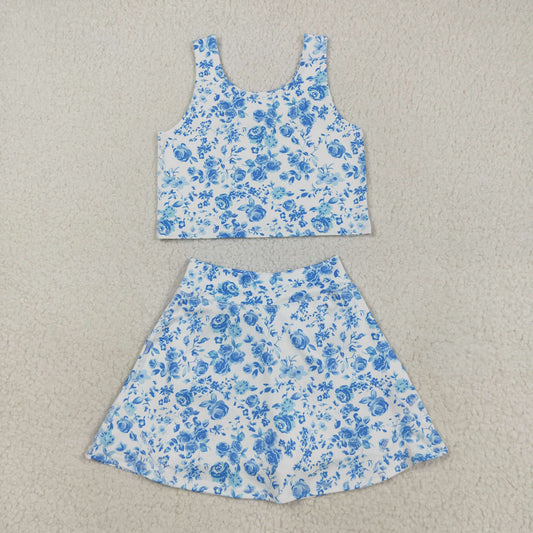 GSD0995 改为---GSD2787 Blue flowers white sleeveless pantsuit High quality swimwear beachwear kids girls