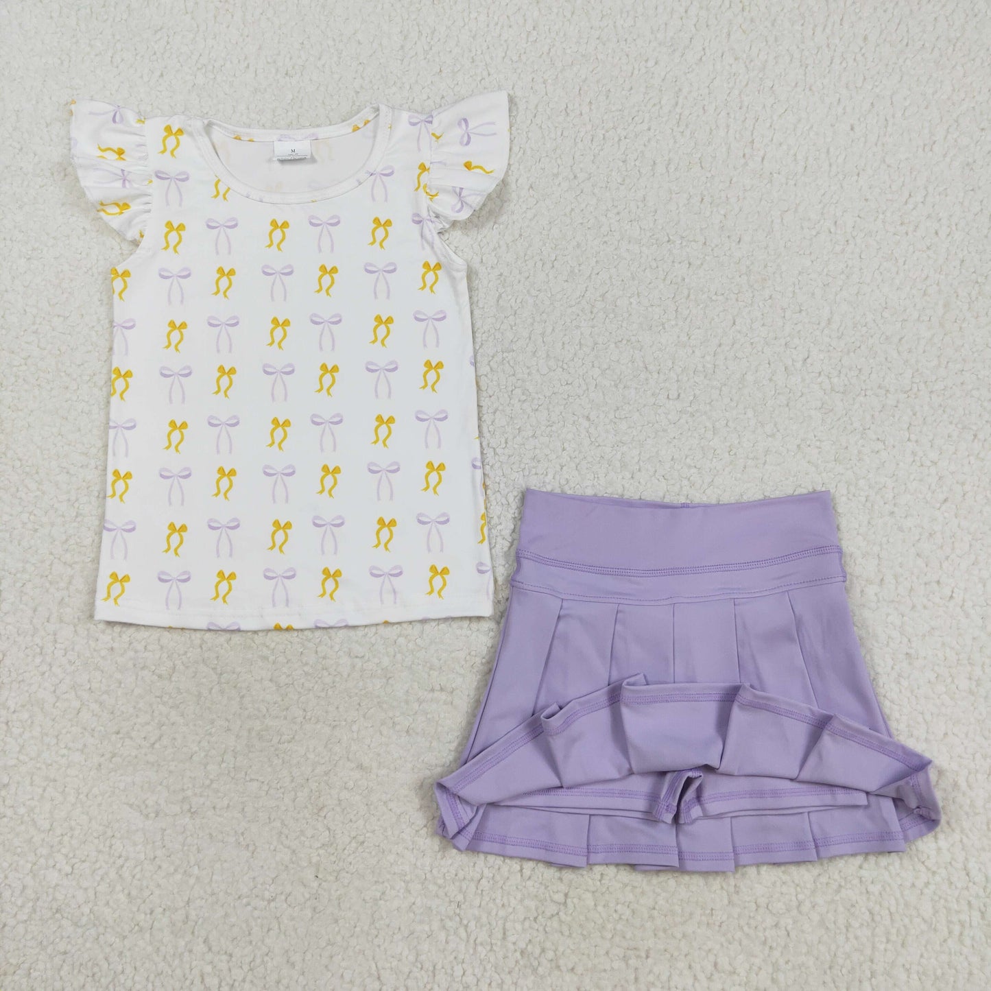 GSD2789 Bows Flying Sleeve Pure Purple Pleated Skirts Girls Yoga Sets 202508 RTS