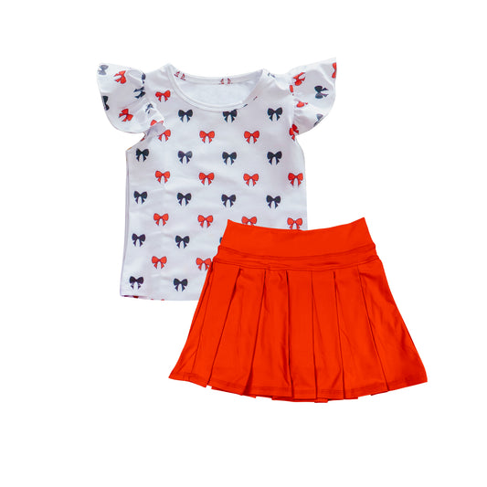 preorder GSD2790 Bows Flying Sleeve Pure Orange Red Pleated Skirts Girls Yoga Sets 202508