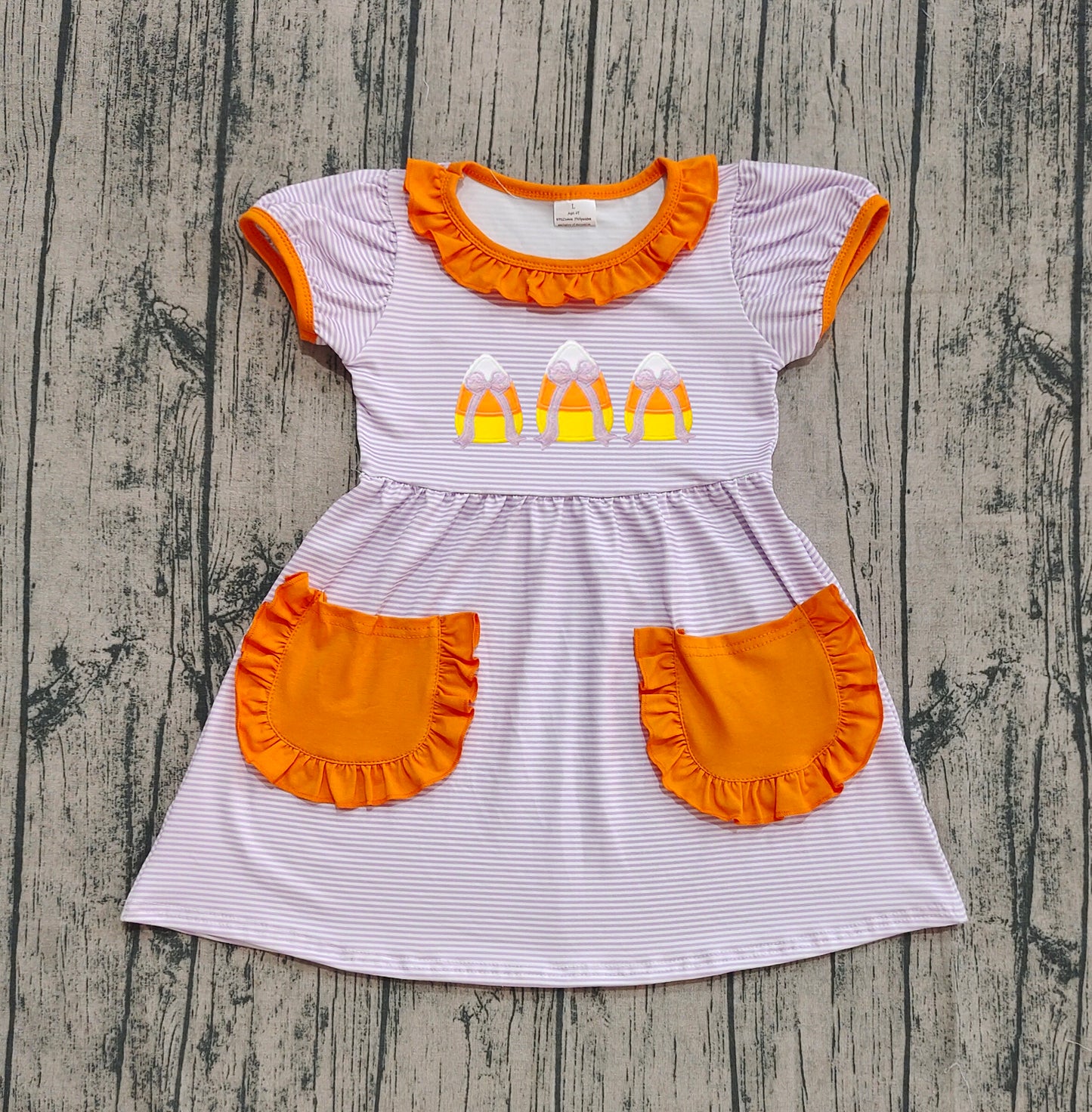 Preorder GSD2791 Halloween Candy Orange Ruffle Pocket Stripe Short Sleeve Dresses for Girls 202508