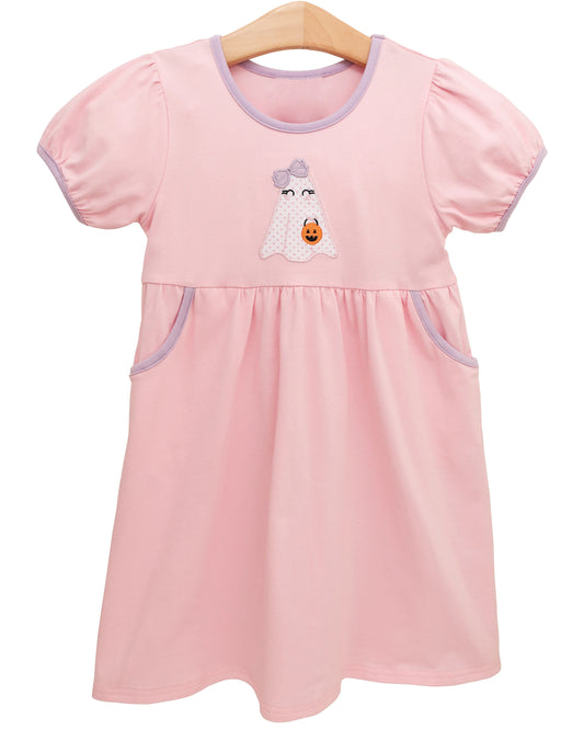 Preorder GSD2792 Halloween Ghost Pink Short Sleeve Dresses for Girls 202508