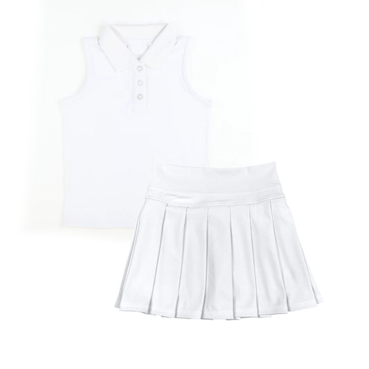 preorder GSD2793 Pure White Polo Sleeveless Pleated Skirts Girls Yoga Sets 202508