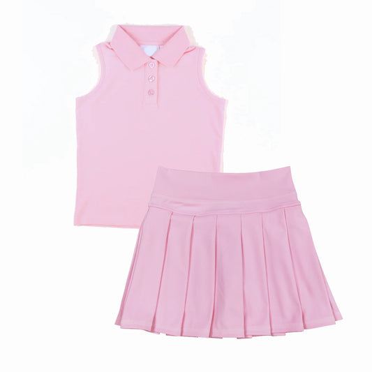 preorder GSD2794 Pure Pink Polo Sleeveless Pleated Skirts Girls Yoga Sets 202508