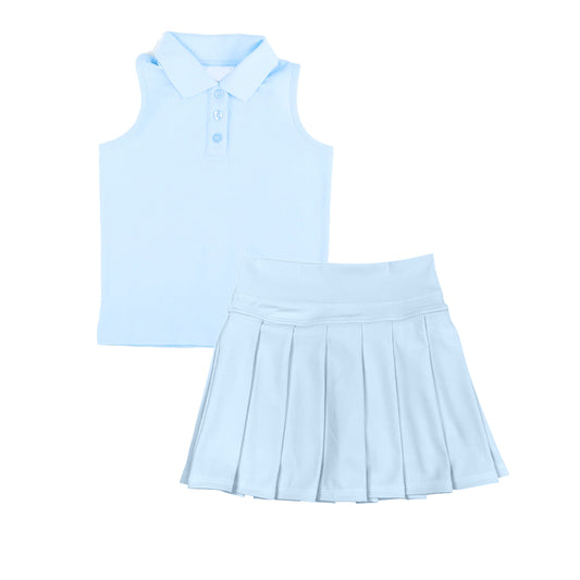 preorder GSD2795 Pure Light Blue Polo Sleeveless Pleated Skirts Girls Yoga Sets 202508