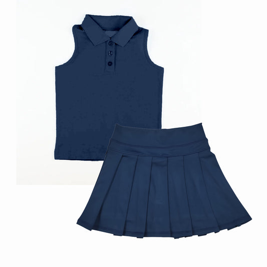 preorder GSD2796 Pure Navy Blue Polo Sleeveless Pleated Skirts Girls Yoga Sets 202508