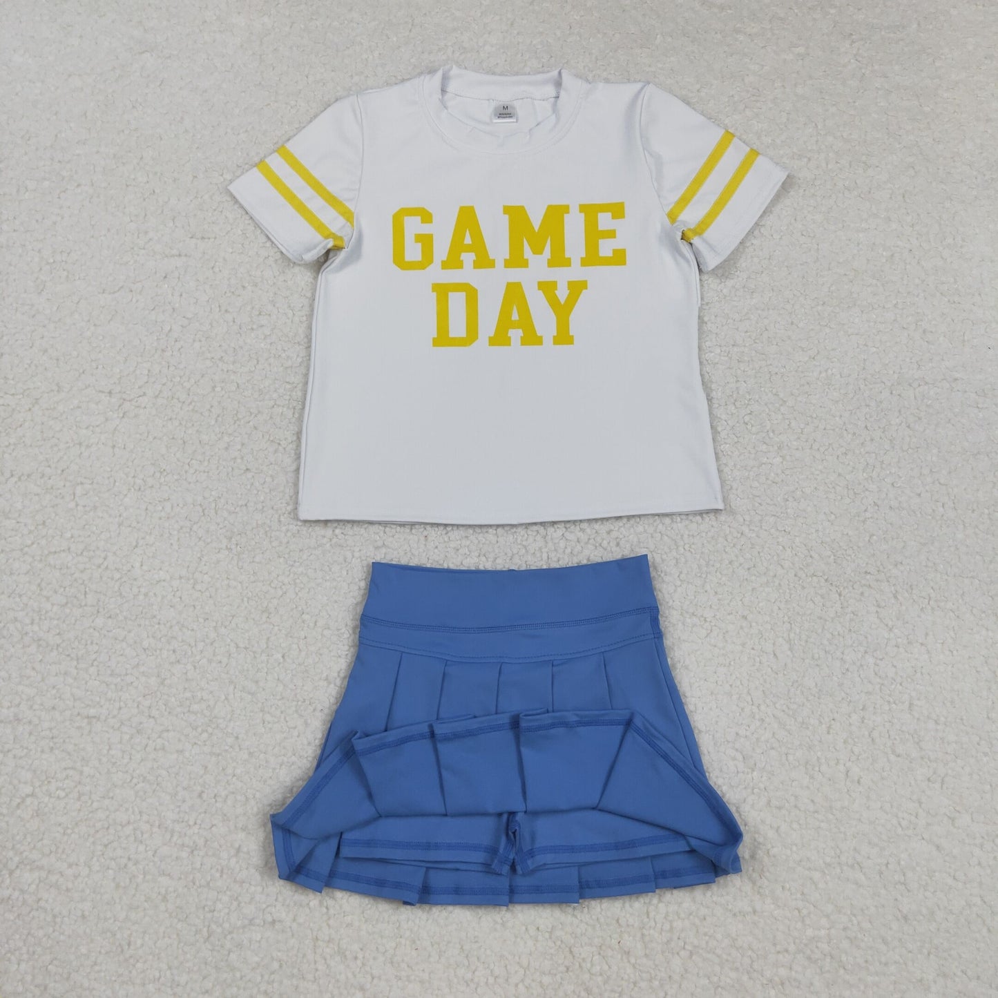 GSD2805 Offset Print Game Day Stripe White Yellow Short Sleeves Blue Pleated Skirts Shorts Girls Yoga Set 202508 RTS