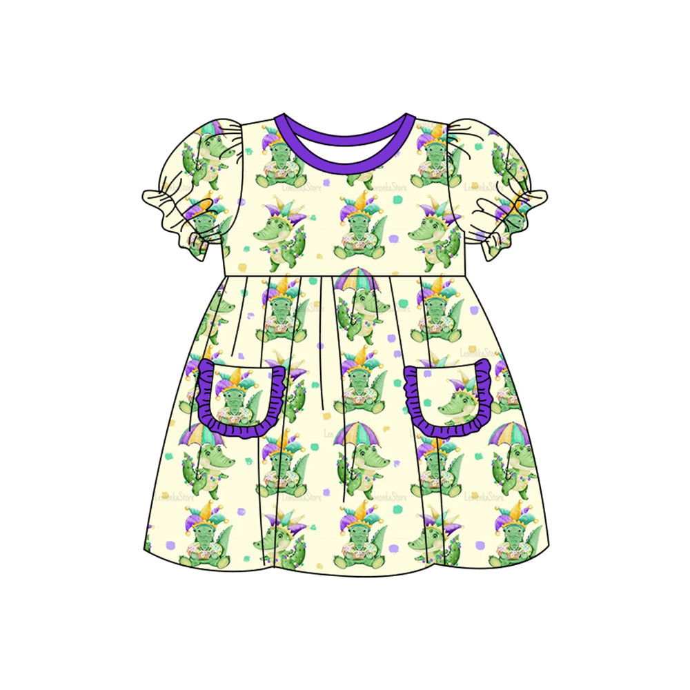 MOQ 8 Preorder GSD2806 Mardi Gras Dinosaur Pocket Purple Short Sleeve Dresses for Girls 202509