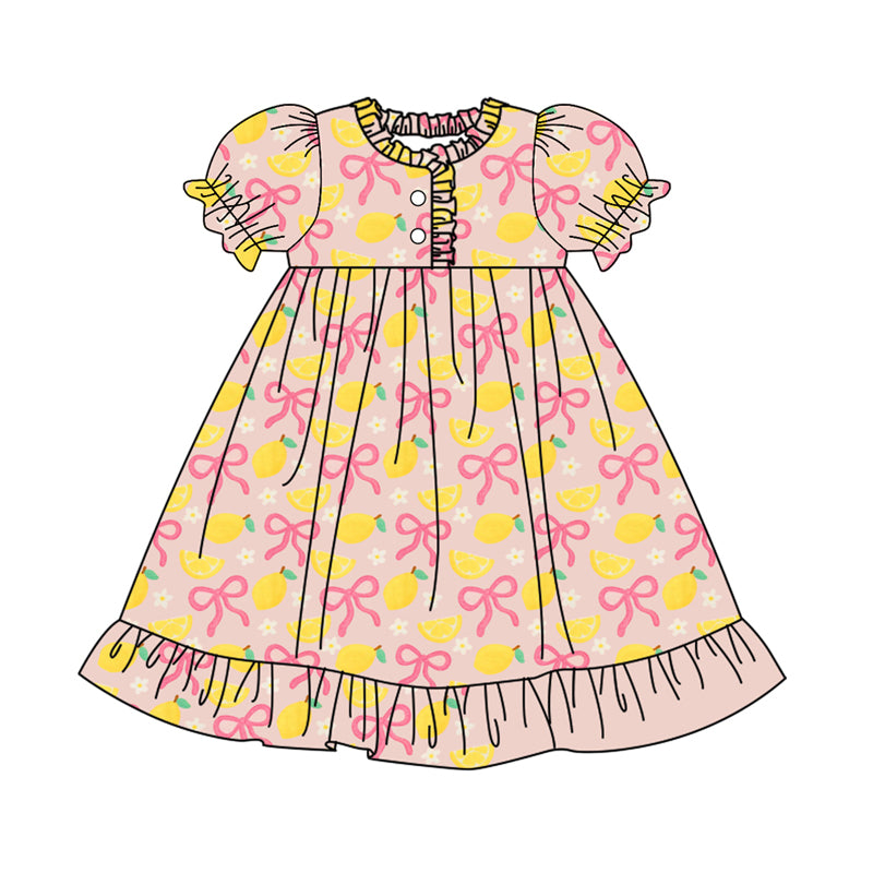 MOQ 8 Preorder GSD2812 Lemon Bows Puff Ruffle Short Sleeve Dresses for Girls 202509